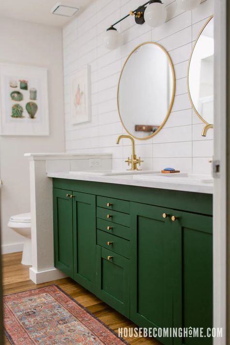 Master Bathroom Renovation Before & After (Phase One) - House Becoming Home Emerald Green Bathroom Vanity, Emerald Green Bathroom, Shelf On The Wall, Green Bathroom Vanity, Dark Green Bathrooms, Teen Bathrooms, Wood Floor Bathroom, Painting Bathroom Cabinets, Green Vanity