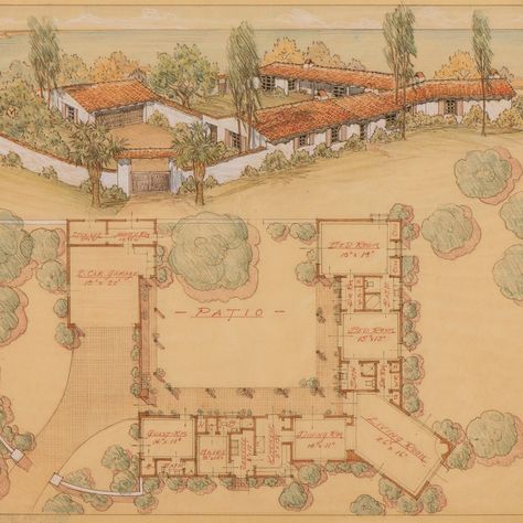 In this early hacienda style version of the ranch house, Cliff May creates privacy with a patio that is surrounded by the house and garage on three sides, with a walled-off fourth side, as well as a gated motor court. Each room in the house opens onto the inner courtyard, and the property is shown in the rendering facing out towards the Pacific Ocean. The living room is off-set and protrudes from the corner of the house to take advantage of the view in three directions. Hacienda Floor Plans, Cliff May, Architecture Museum, California Santa Barbara, Motor Court, Living Off Grid, Spanish Colonial Homes, Hacienda Homes, Spanish Hacienda