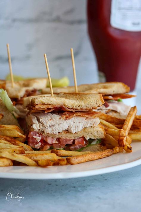 Classic Turkey Club Sandwich Club Sandwich Ingredients, Sandwich Turkey, Turkey Club Sandwich, Classic Turkey, Turkey Club, Crispy French Fries, Sliced Turkey, Menu Food, Club Sandwich