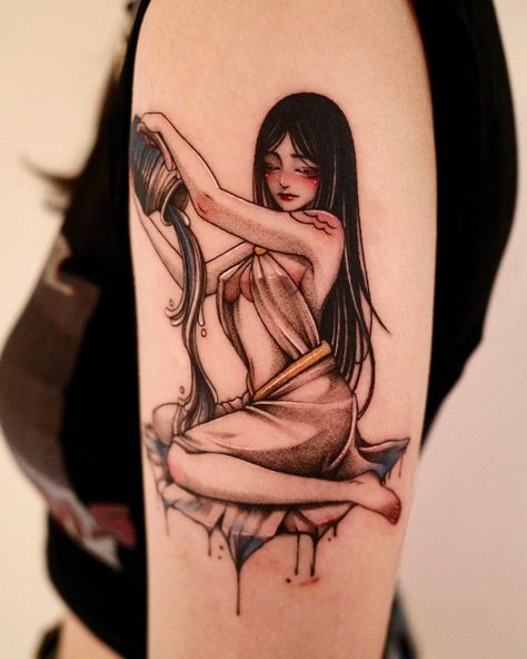 Aquarius Women Tattoo, Atreyu Tattoo, Unique Aquarius Tattoos For Women, Japanese Mermaid Tattoo, Gothic Aquarius Tattoo, Aquarius Woman Art Tattoo Ideas, Japanese Tattoo For Women, Aquarius Goddess Tattoo, Cool Aquarius Tattoo