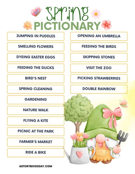 Free Printable Spring Pictionary Game for Kids Spring Pictionary Words, Spring This Or That, Pictionary Ideas For Kids, Easter Pictionary, Period Crafts, Pictionary Ideas, Pictionary Word List, Pictionary Words, 1st Period