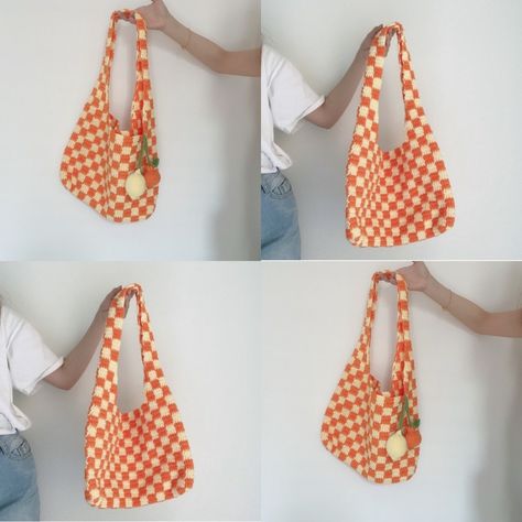 Checkered Tote Bag, Yellow Preppy, Crochet Checkered, Checkered Bag, Orange Ornaments, Crochet Crop Top Pattern, Crochet Business, Crochet Butterfly, Crochet Fashion Patterns