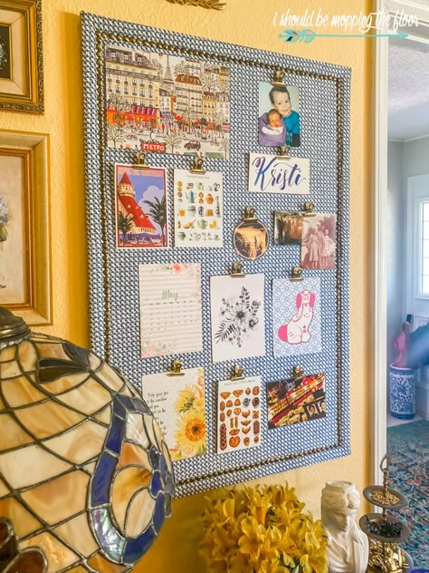 Bulletin Board Trim Ideas Diy, Custom Bulletin Board, Kitchen Bulletin Board Ideas, Blue Bulletin Board Ideas, Diy Bulletin Board Border, How To Cover A Bulletin Board In Fabric, Diy Linen Bulletin Board, Upcycle Bulletin Board, Painted Bulletin Board