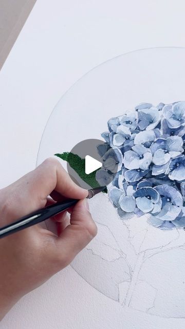 Watercolor Of Flowers, Water Colour Hydrangea, Watercolour Hydrangea Tutorial, Watercolor Hydrangea Tutorial, Hydrangea Blue Paint, Watercolor Flower Garden, How To Paint Hydrangeas, Watercolor Hydrangea Step By Step, Aquarelle Painting Tutorial