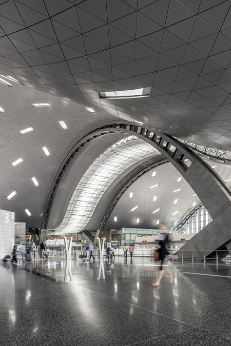 Gallery of Hamad International Airport Passenger Terminal Complex / HOK - 4 Curve Building, Hamad International Airport, Building Silhouette, Armstrong Ceiling, Airport Terminal, National Airlines, Revit Architecture, Airports Terminal, Doha