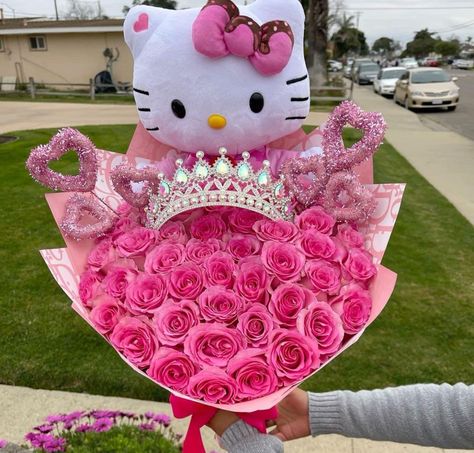 Ribbon Rose Bouquets, Roses Bouquet Gift, Hello Kitty Gifts, Princess Kitty, Luxury Flower Bouquets, Cute Squishies, Flower Gift Ideas, Flower Boutique, Glitter Flowers