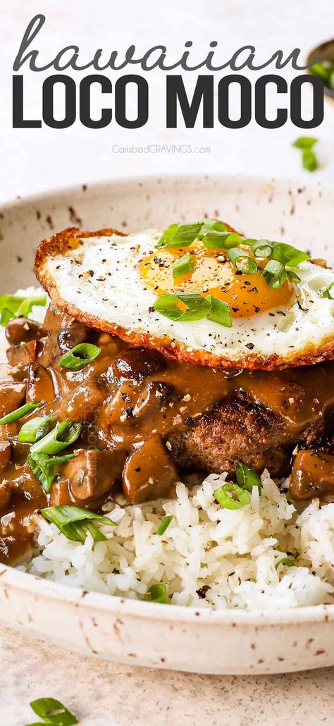 Loco Moco is a favorite Hawaiian comfort food consisting of steamed white rice topped with a juicy burger patty, rich mushroom gravy and a fried egg.  Enjoy it for breakfast, lunch or dinner! #beef #groundbeef #beefpatties #hamburger #hamburgerpatty #locomoco #mocoloco #locomocorecipe #mocolocorecipe #dinner #dinnerrecipes #dinnerideas #recipes #easyrecipe #recipes #recipeoftheday #recipeideas #mushroomgravy #mushrooms #mushroomrecipe #mushroomrecipes #friedegg #friedeggs Juicy Burger, Burger Patty, Steamed White Rice, Hawaiian Dishes, Carlsbad Cravings, How To Cook Burgers, Mushroom Gravy, Turkey Recipe, Hawaiian Food