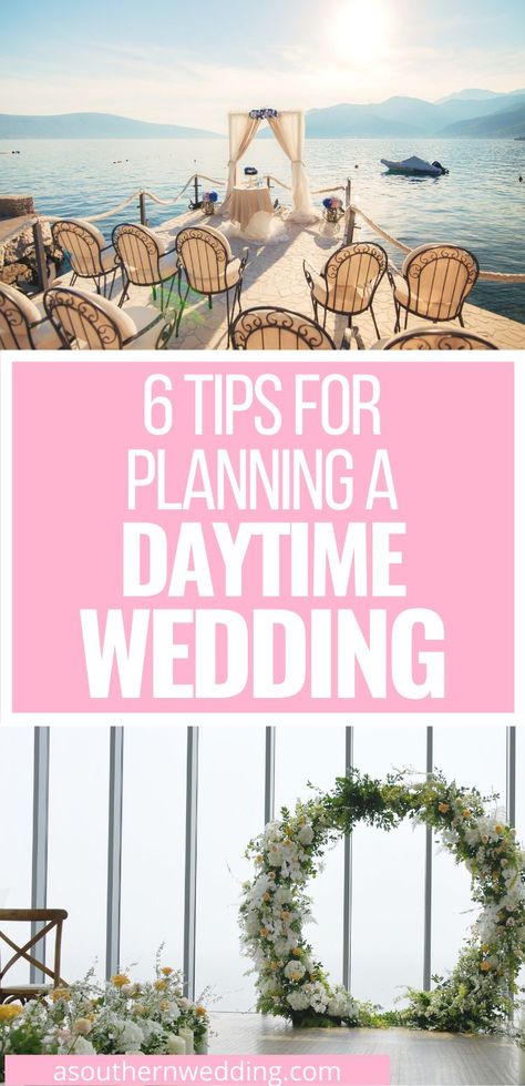 Plan the perfect daytime wedding reception and ceremony with these 6 easy-to-follow tips! #daytimewedding #daywedding #daytimeweddingceremony #daytimeweddingreception #weddingduringtheday #untraditionalwedding #weddingideas #weddingplanning #weddingplanningtips #weddingplanner #weddinginspiration #weddinginspo Morning Wedding Reception, Daytime Wedding Reception, Afternoon Wedding Reception, Wedding Cermony, Wedding Planning Boards, Wedding Planning Binder, Wedding Day Schedule, Reception Ceremony, Daytime Wedding