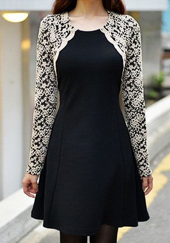 Lace Sleeves Dress, Design Kurta, Ladylike Style, Mine Mine, Woman In Black, Casual Wear Dress, Sleeves Designs For Dresses, Lace Dress With Sleeves, Lace Splicing