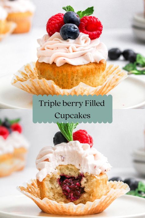 Berry Filled Cupcakes, Mixed Berry Cake Filling, Cupcake With Raspberry Filling, Berry Cupcake Recipes, Raspberry Filled Cupcakes With Cream Cheese Frosting, Berry Cupcakes, Fruit Cupcakes, Yoghurt Cake, Cupcakes With Cream Cheese Frosting