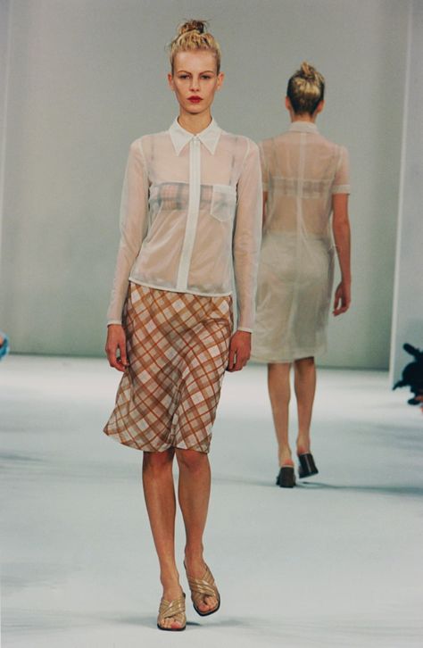 Spring Summer 1996 Fashion Show | Miu Miu 1996 Fashion, Prada 2005, 90s Runway, 90s Runway Fashion, Sheer Skirt, 90s Fashion, Runway Fashion, Miu Miu, Dress To Impress