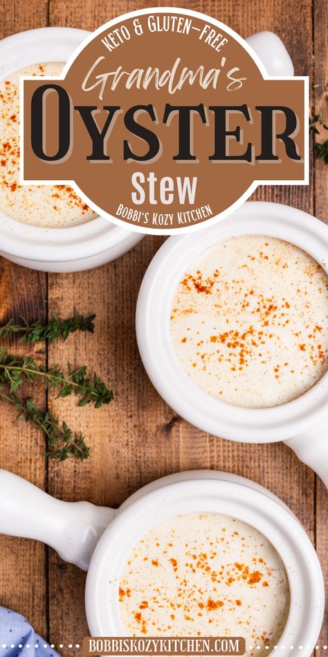 Overhead view of three white soup crocks with handles full of keto oyster stew on a wooden table. There are sprigs of thyme scattered between the crocks and a blue kitchen towel. Dairy Free Oyster Stew, Keto Oyster Stew, Stew Low Carb, Oyster Chowder, Bisque Recipes, Oyster Stew Recipes, Mushrooms Sauce, Oyster Stew, Wyse Guide