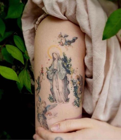 27 Tattoo, Catholic Tattoos, Mary Tattoo, Religious Tattoo, Tasteful Tattoos, Religious Tattoos, Tatuaje A Color, Subtle Tattoos, Elegant Tattoos