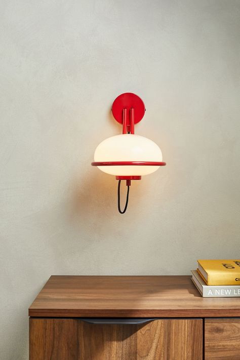 Red Wall Lights, Retro Wall Lights, Red Details Interior, Kitchen Wall Lamp, Colourful Bedroom Design, Colorful Bedroom Design, Globe Wall Light, Globe Design, Uk Design