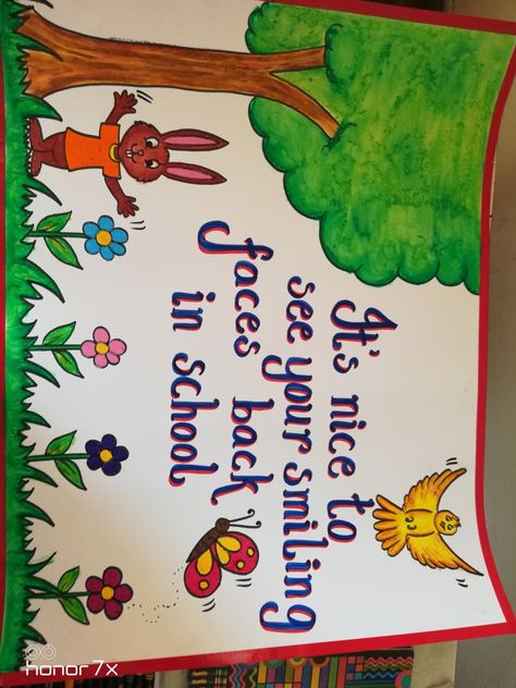 Chart For Notice Board, Craft Ideas For Notice Board, Welcome Back To School Chart Ideas, Welcome Charts For School, Chart Paper Drawing Ideas, School Opening Decoration Ideas, Placards Ideas For School, Welcome Chart For Classroom, Welcome To School Board Decoration