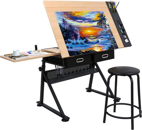 ZENY Drafting Table Art Desk Drawing Table Height Adjustable Artist Table Tilted Tabletop w/Drafting Stool and Storage Drawer for Reading, Writing, Crafting. Perfect for Diamond Art. Artist Desk Workspaces, Art Canvas Storage, Drawing Table Desk, Wood Drafting Table, Desk Drawing, Artist Table, Artist Desk, Art Studio Inspiration, Drafting Tables