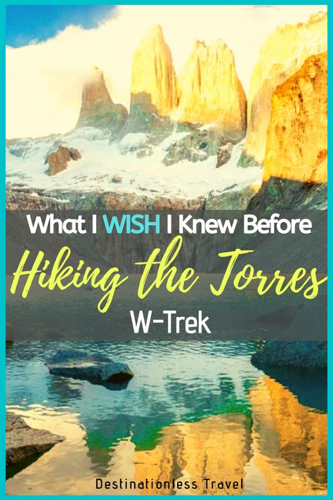 The Torres del Paine W-Trek is one of the most iconic hikes in all of Patagonia. However, hiking this trail is complicated between booking campsites, getting there, packing, and other important logistics. This blog includes all of the important details you NEED to know before hiking the Torres del Paine W-Trek in Chile, Patagonia. With this complete guide, you can hike this trail independently or with a tour, and be confident with your route choices, gear, and overall holiday on the Torres! Patagonia South America, W Trek, Patagonia Mountains, Chile Patagonia, Patagonia Travel, Patagonia Hiking, Torres Del Paine National Park, Patagonia Chile, Chile Travel