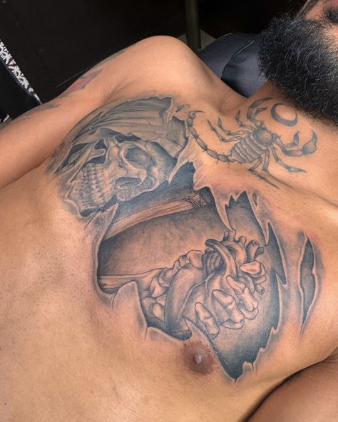 Recent chest project for a Puerto Rican fellow 🇵🇷💎 . . . . . #tattoo #tattooshop #tattooart #tattooartist #tattoos #properaftercare #skull #skulltattoo #grimreaper #blackandgreytattoo #nc #nctattooartist Grim Reaper Chest Tattoo Men, Cards Tattoo For Men, Cool Chest Tattoos Men, Chest Tattoo Men Ideas Unique, Chest Tattoo Men Ideas Black Man, Chest Tats Men, Tattoo Chest Men, Chest Tattoo Men Ideas, Amazing Facts About Space