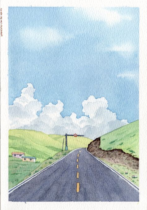 Blue Sky Landscape Painting, Watercolor Road Painting, Watercolour Landscape Simple, One Point Perspective Watercolor, Minimal Watercolor Art, Aesthetic Watercolour Painting Ideas, Watercolor And Line Art, Cute Landscape Drawing, Beginner Watercolor Painting Ideas