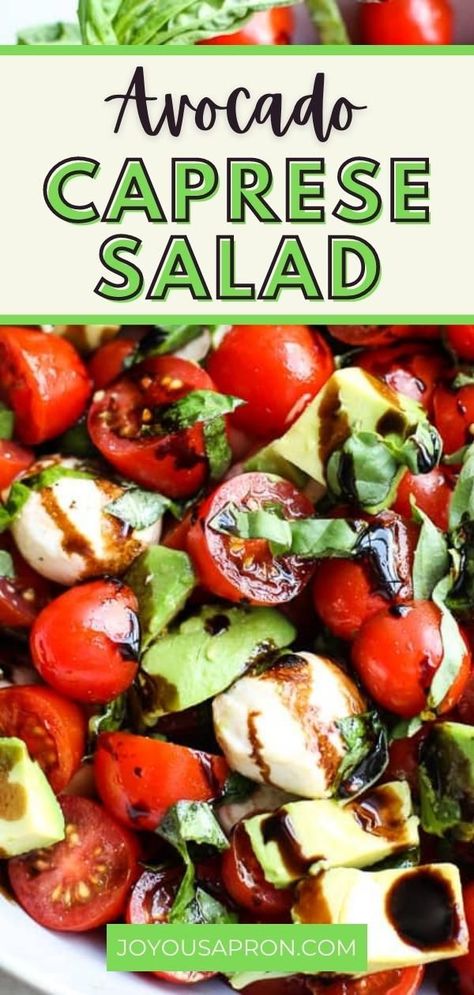 Avocado Caprese Salad is a delicious no-cook side dish that's perfect for summer cookouts or dinners! Creamy avocado, juicy grape tomatoes, fresh mozzarella, and fresh basil tossed in olive oil, salt, and pepper, and drizzled with balsamic glaze. If you are looking to pair this side with a main dish, it goes great with grilled chicken, burgers, and salmon! Fresh Summer Recipes, Avocado Caprese Salad, Antipasto Pasta Salads, Breakfast Sides Dishes, Caprese Salad Recipe, Salad With Avocado, Fresh Fruit Salad, No Cook, Potato Recipes Side Dishes