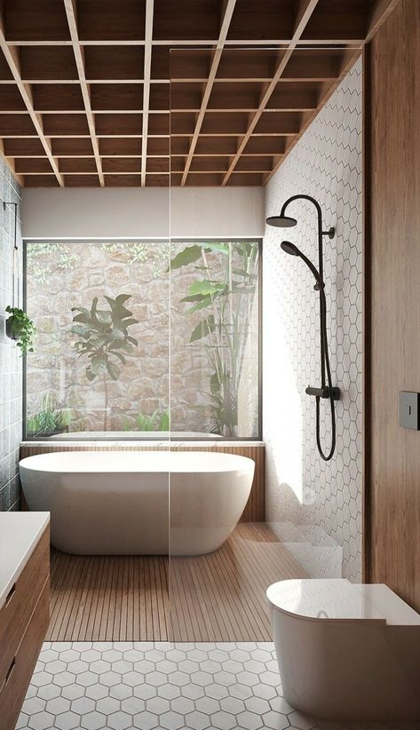 Luxury Bathroom Ideas Master Suite, Japandi Bathroom Design, Japandi Bathroom, Japanese Bathroom, Japandi Interior Design, Japandi Interior, Bathroom Windows, Tub Shower Combo, Bathroom Layout