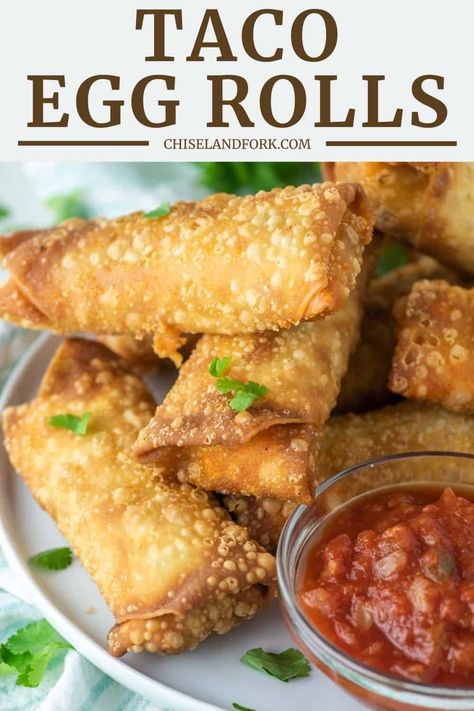 Eggroll Ideas, Eggroll Recipes, Taco Egg Rolls, Dumplings Recipes, Egg Rolls Recipe, Fried Tacos, Diner Ideas, Chicken Egg Rolls, Pepper Salsa