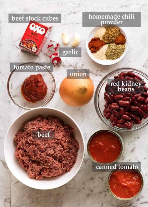 Chili Con Carne ingredients Beef And Beans, Chilli Con Carne Recipe, Chili Con Carne Recipe, Homemade Chili Recipe, Con Carne Recipe, Best Chili Recipe, Tomato Broth, Recipetin Eats, Chilli Recipes