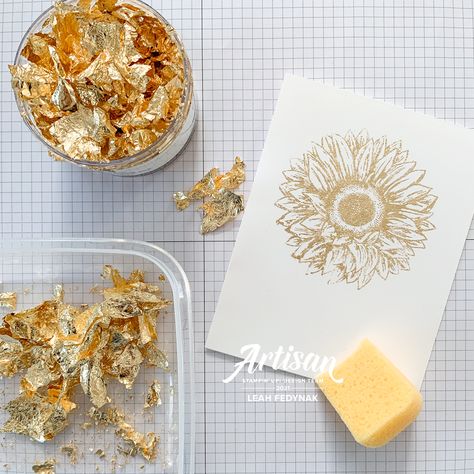 Tips on using the Gilded Leafing Embellishment from Stampin' Up!, Celebrate Sunflowers - Birdwing Paper Designs Gilding Flakes Cards, Foiled Cards, Gold Leafing, Gold Foil Cards, Sunflower Cards, Embossing Techniques, Leaf Cards, Card Making Tips, Gold Leaf Art