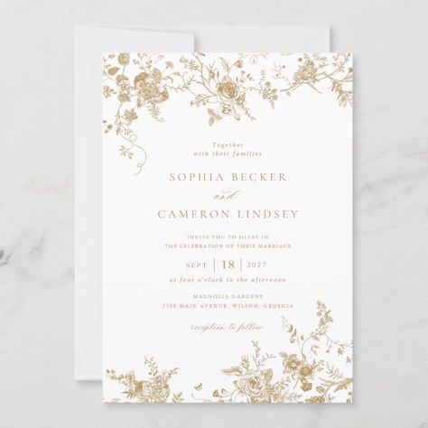 Elegant Floral Vintage Botanical Gold Wedding Invitation Vintage Wedding Cards Invitation, Wedding Invitation Cards Design Creative, Vintage Wedding Invitations Elegant, Wedding Card Design Templates, Undangan Pernikahan Elegant, Gold And White Wedding Invitations, Virtual Wedding Invitations, White And Gold Wedding Invitations, Gold Invitation Template