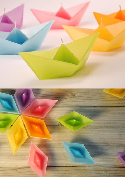 Origami Boat Candles. Origami Candle, Origami Boats, Homemade Scented Candles, Origami Boat, Art & Craft Paper, Ideas Regalos, Paper Candle, Fat Art, Folding Paper