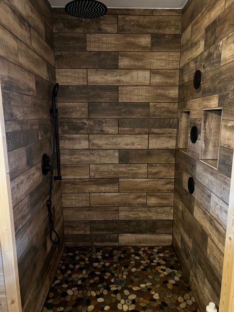 Wood Tile Shower Ideas, Cabin Bathroom Remodel, Rustic Shower Ideas, Wood Look Tile Bathroom, Wood Tile Shower, Rustic Bathroom Shower, Wood Tile Bathroom, Tile Walk In Shower, Wood Ceramic Tiles