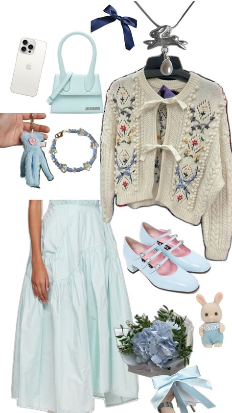 Cardigan blue skirt pastel outfit Pastel Blue Cardigan Outfit, Danish Pastel Outfits, Pastel Blue Outfit, Blue Cardigan Outfit, Basic Ootd, Kawaii Cottagecore, Pastel Outfit, Danish Pastel, Cardigan Outfits