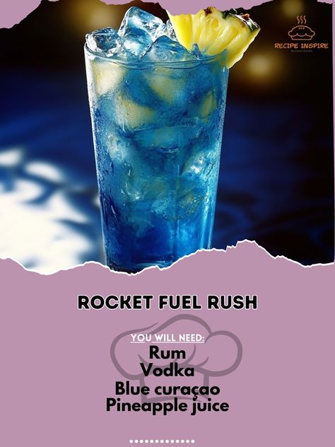 🚀 Get a jolt with Rocket Fuel Rush – a drink that packs a punch! 🍸💥 #StrongDrinks #CocktailTime Rocket Fuel Rush Ingredients: Rum (1 oz) Vodka (1 oz) Blue curaçao (1/2 oz) Pineapple juice (2 oz) Lemon-lime soda (splash) Ice Lemon wedge (for garnish) Instructions: Fill a shaker with ice. Add rum, vodka, blue curaçao, and pineapple juice. Shake well and strain into a glass filled with ice. Top with a splash of lemon-lime soda. Garnish with a lemon wedge. 🔥 This vibrant drink is perfect for ... Vodka Blue, Adult Beverages Recipes, Mocktail Drinks, Fun Drinks Alcohol, Cocktail Drinks Alcoholic, Rocket Fuel, Strong Drinks, Yummy Alcoholic Drinks, Cocktail And Mocktail