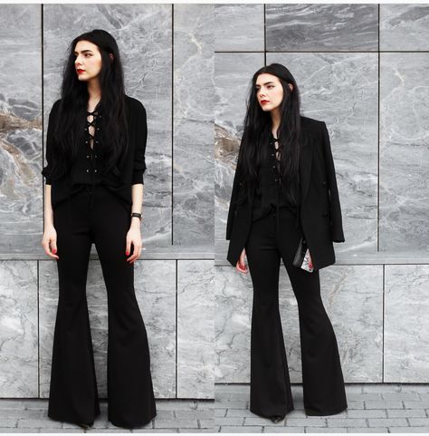 pinterest: @akualovely✨ Claudia Holynights Outfits, Elevated Goth Style, Gothic Work Outfit Corporate Goth, Goth Chic Outfits, Corp Goth Work Outfits, Business Casual Goth, Goth Business Casual, Sophisticated Goth, Flare Black Pants