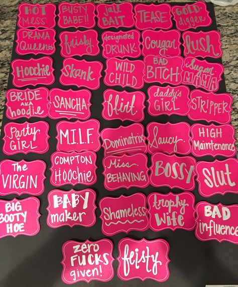 Bachelorette name tags! Bachelorette Party Name Ideas, Bachelorette Name Tags, Bachellorete Ideas Games, Bachlorette Party 2000s, Bachelorette Games Raunchy, Bachelorette Party Sashes Funny, Ladies Night Party, Pure Romance Party, Girls Night Party