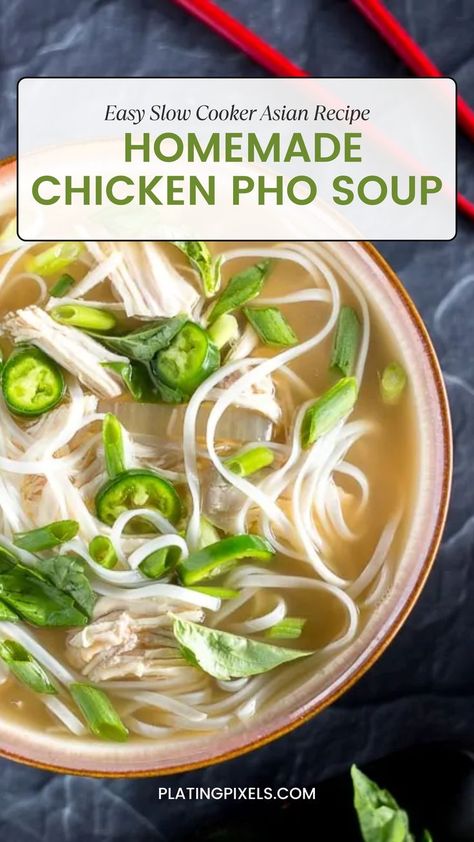 Craving a comforting bowl of chicken pho soup? This slow cooker recipe makes it easy to enjoy homemade pho with tender chicken breast, rice noodles, and a flavorful broth. Perfect for a cozy meal at home. Get the recipe on my website! Chicken Pho Soup Recipe, Slow Cooker Pho, Asian Slow Cooker Recipes, Slow Cooked Chicken Breast, Chicken Pho Soup, Pho Soup Recipe, Slow Cooker Asian, Asian Soup Recipes, Chicken Pho