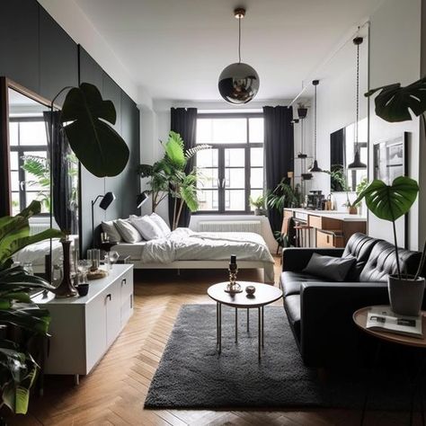 Tiny Apartment Design Ideas, Modern Contemporary Studio Apartment, 500 Sqft Studio Apartment, Black Studio Apartment, Guys Studio Apartment Ideas, Dream Studio Apartment, City Studio Apartment, Small Bachelor Apartment Ideas, Small Apartment Furniture Layout