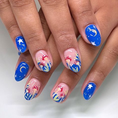 Blue Mushroom Nails, Mushroom Nail Designs, Mushroom Nail Art, Mushroom Nails, Fruit Nail Designs, Fruit Nail, Tap Tap, Lovely Nails, Nice Nails