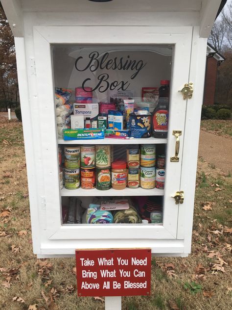 Blessing Box #church #handsandfeet #community #blessing #box #umc Blessing Baskets Ideas, Blessing Box Diy, Blessings Box Ideas, Blessing Box Ideas, Blessing Boxes, Homeless Care Package, Little Free Pantry, Free Pantry, Prayer Garden