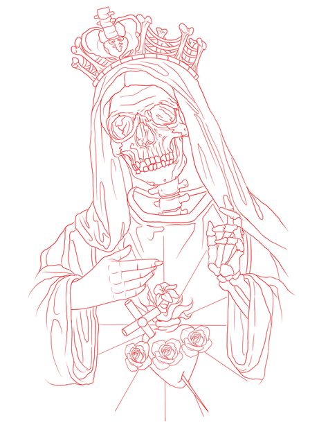 Tattoo Stencil And Reference, Santa Muerte Stencil, Santa Muerte Outline, Skull Tattoo Stencils Outline, Grim Reaper Tattoo Stencil, Real Tattoo Stencil, Santa Muerte Tattoo Stencil, Traditional Chest Piece, Santa Muerte Drawing