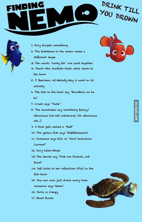 Finding nemo drinking game Drinking Movie Games, Drinking Games Movie, Drinking Game Movie, Drinking Game Rules, Movie Drinking Games, Drunk Games, Movie Games, Alcohol Games, Blow Bubbles