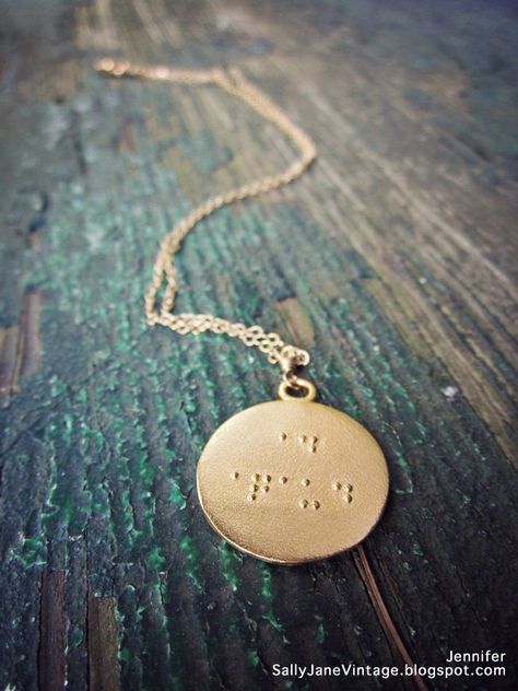 My favorite necklace ever, 'Be Brave' in braille by JessLC Franklin Collection (JessLC is a Chicago designer--the Franklin collection is now retired)...this little thing literally changed my life Braille Jewelry, Chicago Design, Wearing All Black, Pretty Necklaces, Be Brave, Brass Jewelry, Embroidery Projects, Dive In, Jewelry Inspiration