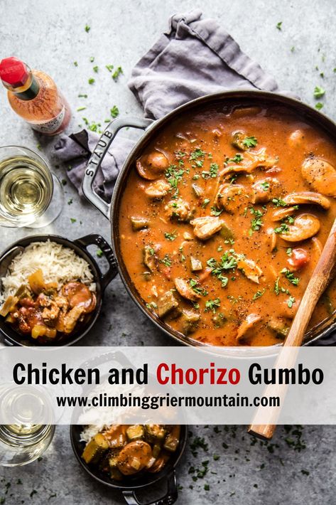 Chicken and Chorizo Gumbo in a skillet Warming Recipes, Chicken And Chorizo, Crock Pot Inspired Recipes, Hearty Dinner Recipes, Gumbo Recipe, Stewed Tomatoes, Best Dishes, Inspired Recipes, Gumbo