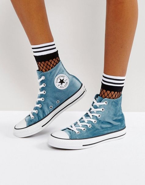 Converse Chuck Taylor All Star Velvet Hi Top Sneakers In Teal Converse Bleu, Velvet Converse, Aesthetic Converse, High Top Converse Outfits, Converse Aesthetic, Converse Platform, Teal Velvet, Basket Style, Converse Style