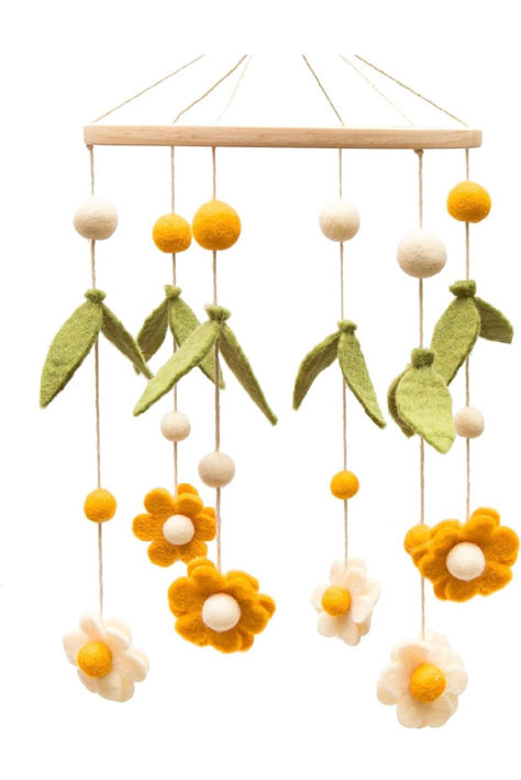 Baby Nursery Flower Mobile for Crib | Gender Neutral Mobile for Daisy Nursery Decor | Felt Hanging Leaves & Daisy Flowers Room Decorations Handmade from Natural Wool | Great Gift Idea Flower Mobile, Flower Nursery, Crib Mobile, First Baby, Daisy Flower, Natural Wool, Baby Nursery, Cribs, Nursery Decor