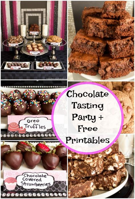 Chocolate Tasting Party plus Free Printables - includes recipes with chocolate, printable party supplies, decor ideas, shopping tips and more! Perfect for a moms night in party! #OpenUpToFlash Chocolate Tasting Party, Tasting Party Ideas, Recipes With Chocolate, Chocolate Tasting, Moms Night, Food Bar, Chocolate Party, Birthday Chocolates, Bark Recipe