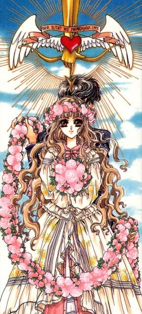 Kamui Shirou & Kotori Monou with pink flower crown & bouquet from "X" series by manga artist group CLAMP. Kamui Shirou, Crown Bouquet, Clamp Manga, Tokyo Babylon, Pink Flower Crown, Magic Knight Rayearth, Tsubasa Reservoir Chronicles, Tarot Art, Manga Artist