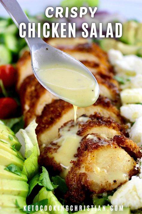 This scrumptious Crispy Chicken Salad combines tender and juicy chicken, crunchy veggies, and a burst of refreshing flavors from the homemade dressing. Easy to make, this recipe is a salad experience that's completely irresistible. #chickensalad #ketofriedchickensalad #cripsychickensalad Crispy Chicken Salad Recipe, Breaded Chicken Salad Recipes, Crispy Chicken For Salads, Breaded Chicken For Salads, Chicken Salaf, Crispy Chicken Salad Casserole, Crispy Chicken Salad, Fried Chicken Salad, Crispy Chicken Ceasar Salad Recipe