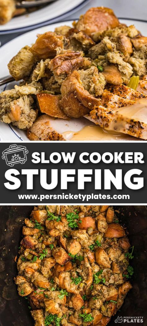 Slow Cooker Stuffing is so easy to make and is full of flavorful herbs. This crockpot side dish will save oven space and be a hit alongside your turkey. Classic Stuffing Recipes Crockpot, Crockpot Stuffing Thanksgiving Easy, Crockpot Turkey Stuffing, Crockpot Thanksgiving Stuffing, Slow Cooker Turkey Stuffing, Turkey Gravy Crockpot, Stuffing In Crockpot Slow Cooker, Thanksgiving Stuffing Recipes Crockpot, Turkey Stuffing Crockpot