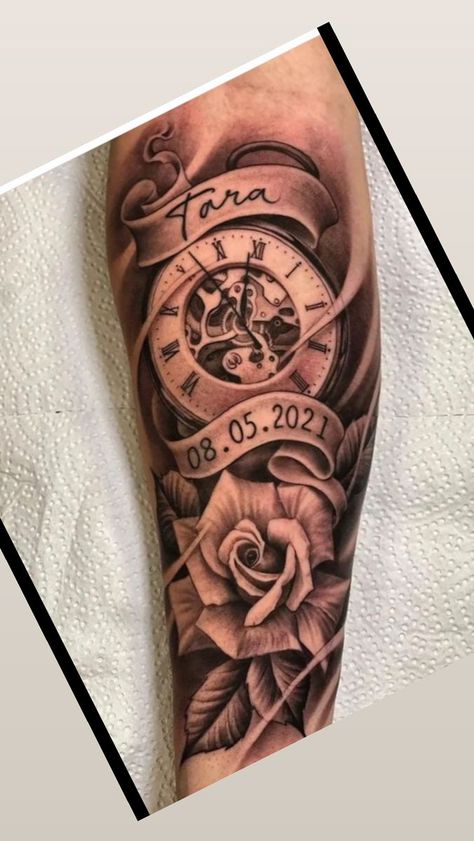 Tattoo Watch Clock, Clock Arm Tattoo, Roman Numeral Clock Tattoo, Date Tattoo Ideas For Men, Rose And Clock Tattoo, Time Clock Tattoo, Family Sleeve Tattoo, Leon Tattoo, Tattoo Clock